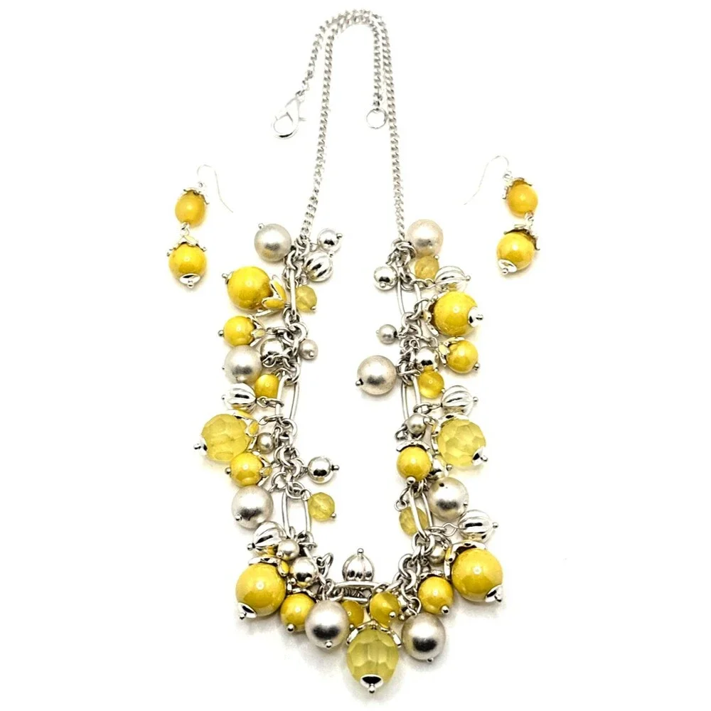 Yellow & Silver Bead Cha Cha Cluster Bib Necklace & Earrings Set Y2k Runway